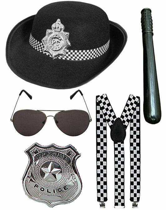 British WPC Police Cop Hat Braces Badge Truncheon Sunglasses 5 Pcs Costume Set - Labreeze