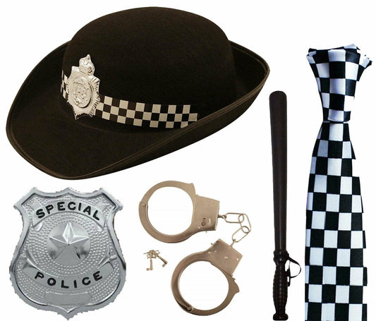 British WPC Police Cop Hat Tie Badge Truncheon Cuffs 5 Pcs Fancy Dress Set - Labreeze