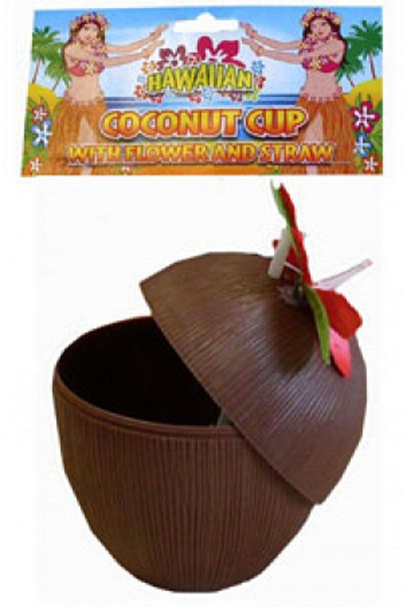 Brown Coconut Cup with Straw & Flower Leis Plastic, Hawaiian Hula Party Prop - Labreeze