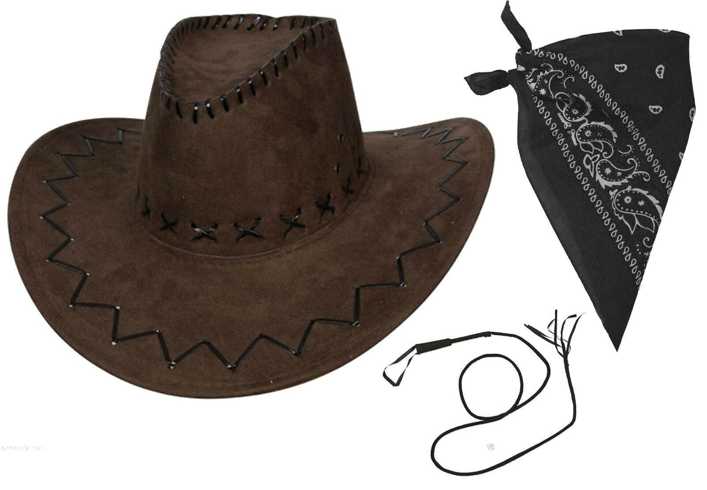 Brown Cowboy Suede Look Western Hat Paisley Bandana Bull Whip Party Fancy Dress - Labreeze