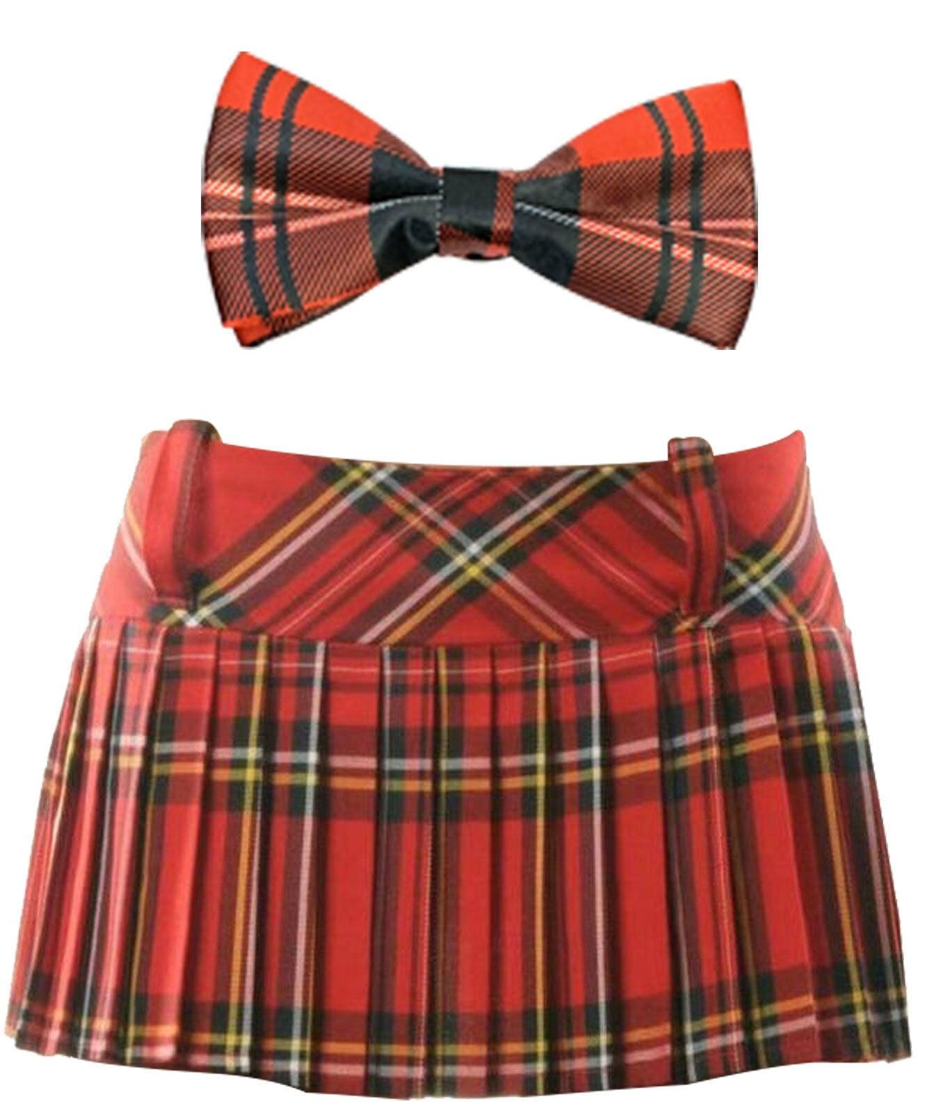 Burn's Night Scottish Red Tartan 9 inch Skirt Bowtie School Girl Fancy Dress - Labreeze
