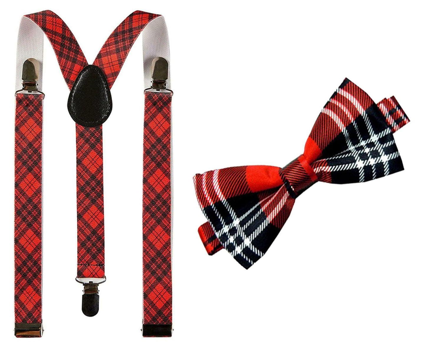 Burns Night Red Tartan Braces Suspenders with Striped Bow Tie Scottish Party - Labreeze