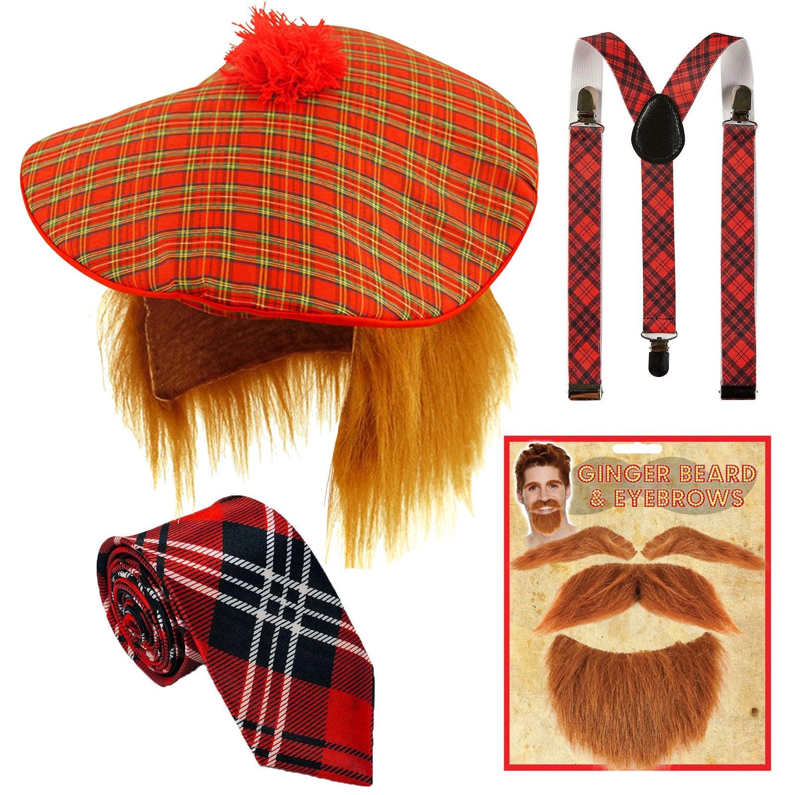 Burns Night Scottish Hat Ginger Beard Moustache Eyebrow Tartan Braces Neck Tie - Labreeze