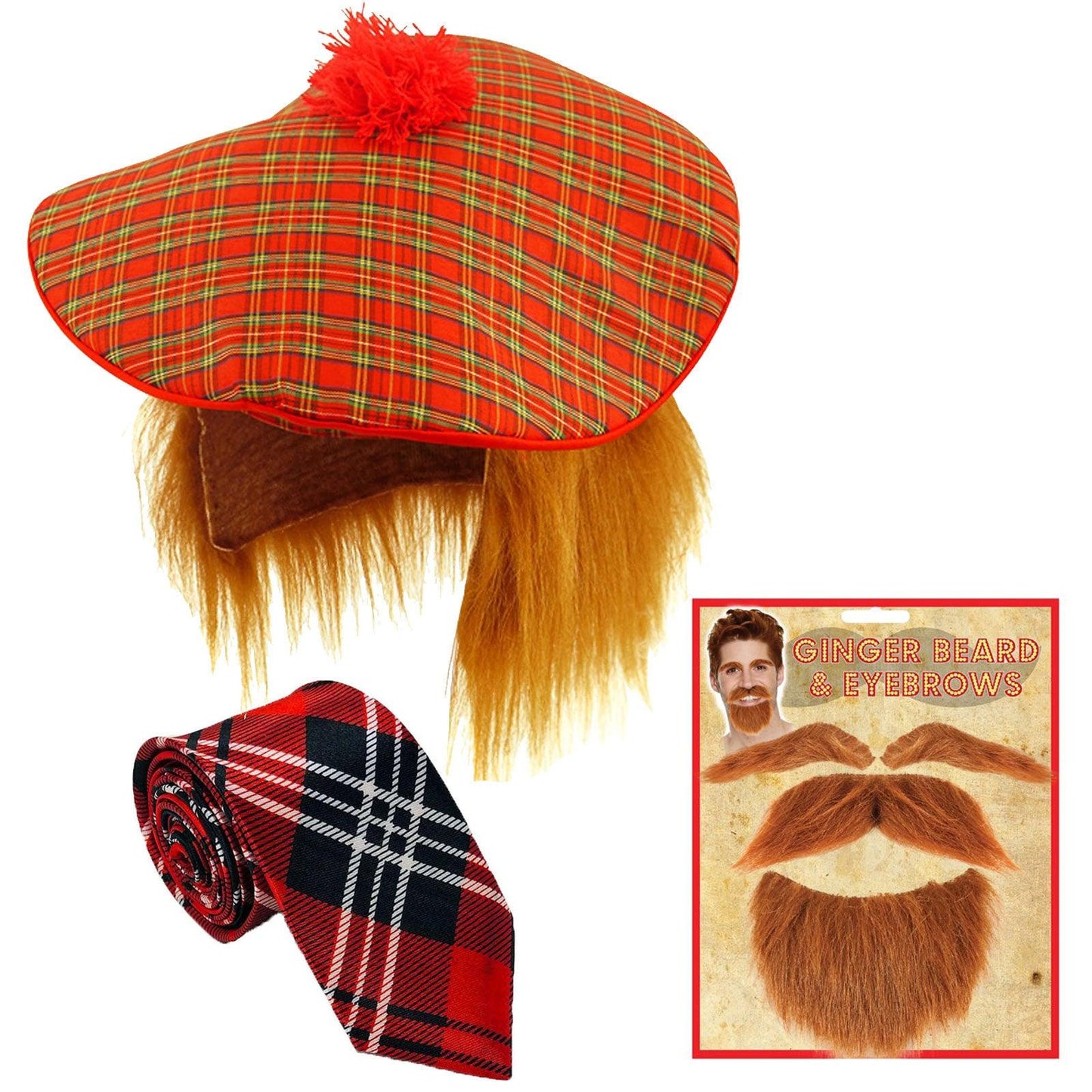 Burns Night Scottish Hat Ginger Beard Moustache Eyebrows Tartan Neck Tie Set - Labreeze