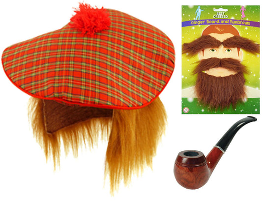 Burns Night Tartan Scottish Hat Ginger Beard Moustache Wooden Pipe Fancy Dress - Labreeze
