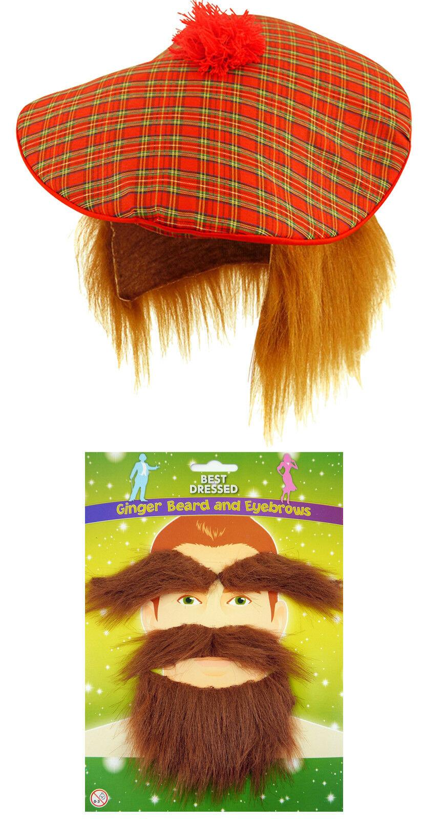 Burns Night Tartan Scottish Hat with Ginger Beard Moustache Eyebrow Fancy Dress - Labreeze