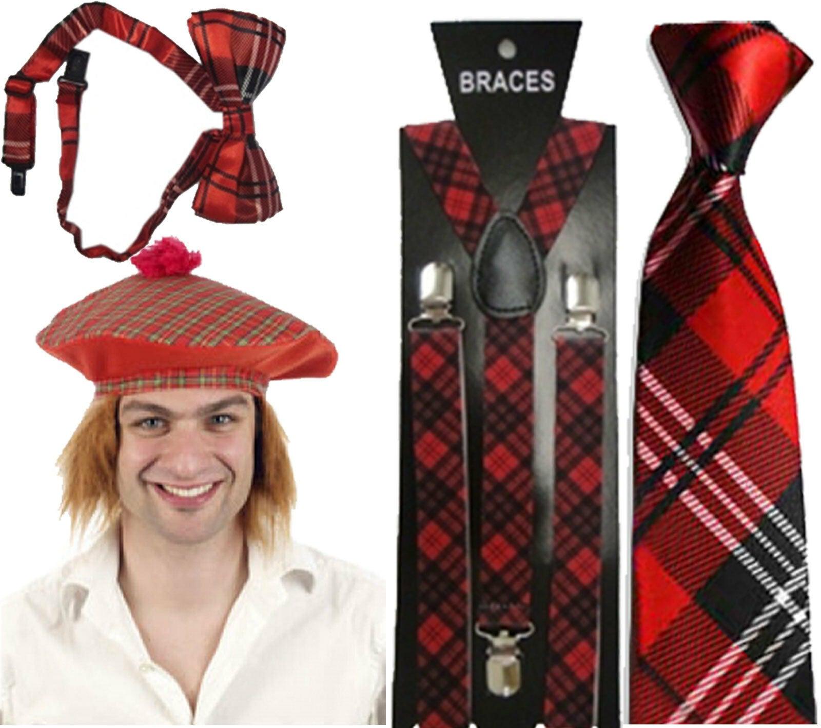 Burns Night Tartan Sotish Hat With Hair Braces Tie Bow Tie Fancy Dress Accessory - Labreeze