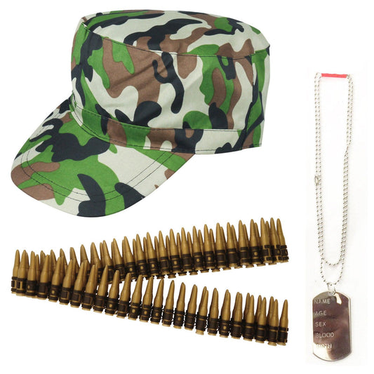 Camouflage Army Cap Dog Tag Bullet Belt Military Soldier Fancy Dress World Book Week Costume Kit - Labreeze