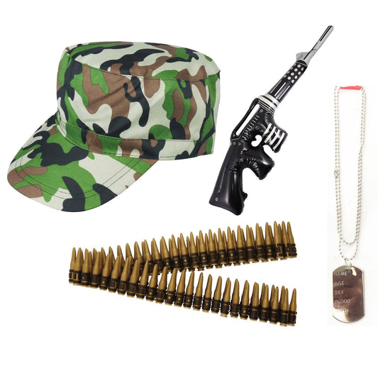 Camouflage Army Cap, Dog Tag, Machine Gun, Bullet Belt - Military Soldier Fancy Dress Costume Kit for World Book Week - Labreeze