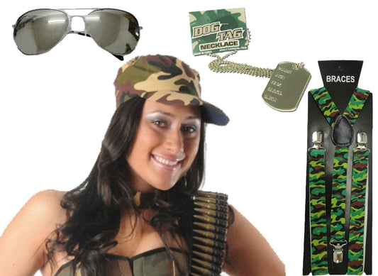Camouflage Army Soldier Cap Hat Dog Tag Sunglasses Fancy Dress Accessories - Labreeze
