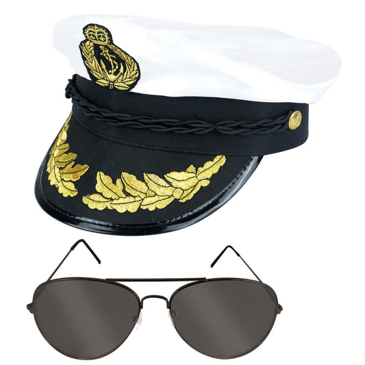 Captain Satin Hat White with Pop Icon Glasses Navy Captain Sailor Fancy Dress Costume - Labreeze