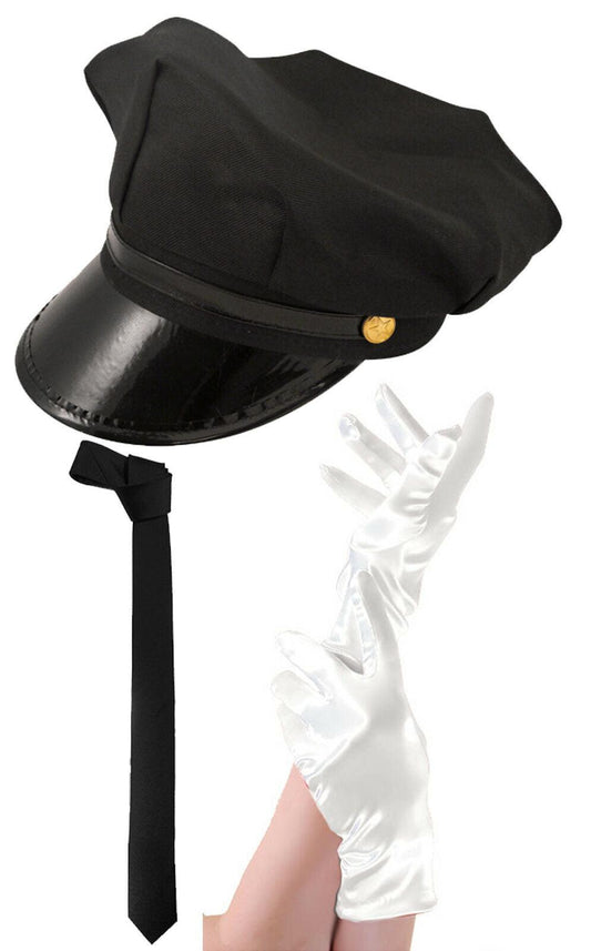 Chauffeur Cap Black Limo Taxi Driver Hat White Gloves Necktie Men's Fancy Dress - Labreeze