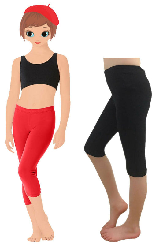 Childrens Girls 3/4 Length Cotton Plain Legging Dancewear Skinny Stretch Pants - Labreeze