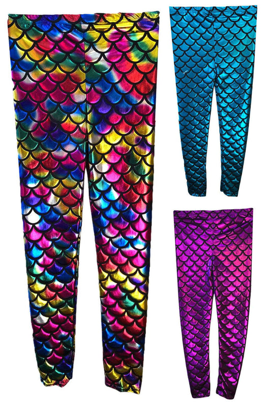 Childrens Girls Metallic Fish Scale Mermaid Dance Wear Shiny Skinny Leggings - Labreeze