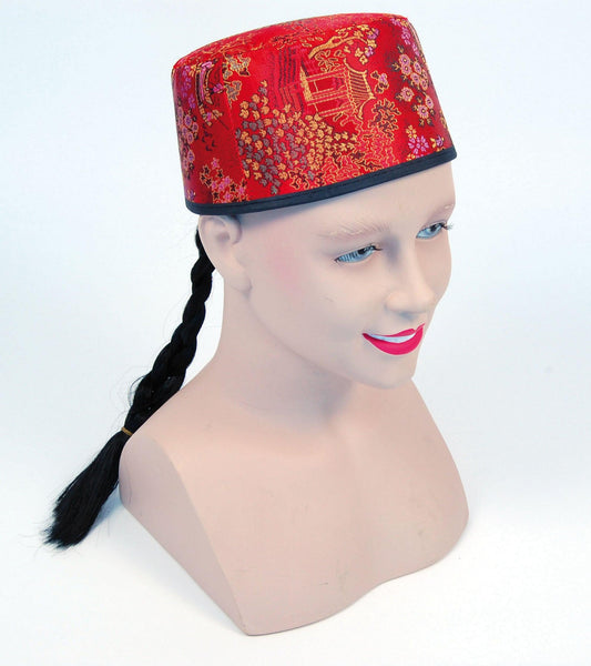 Chinese Mandarin Hat Red Fabric + Plait - Labreeze