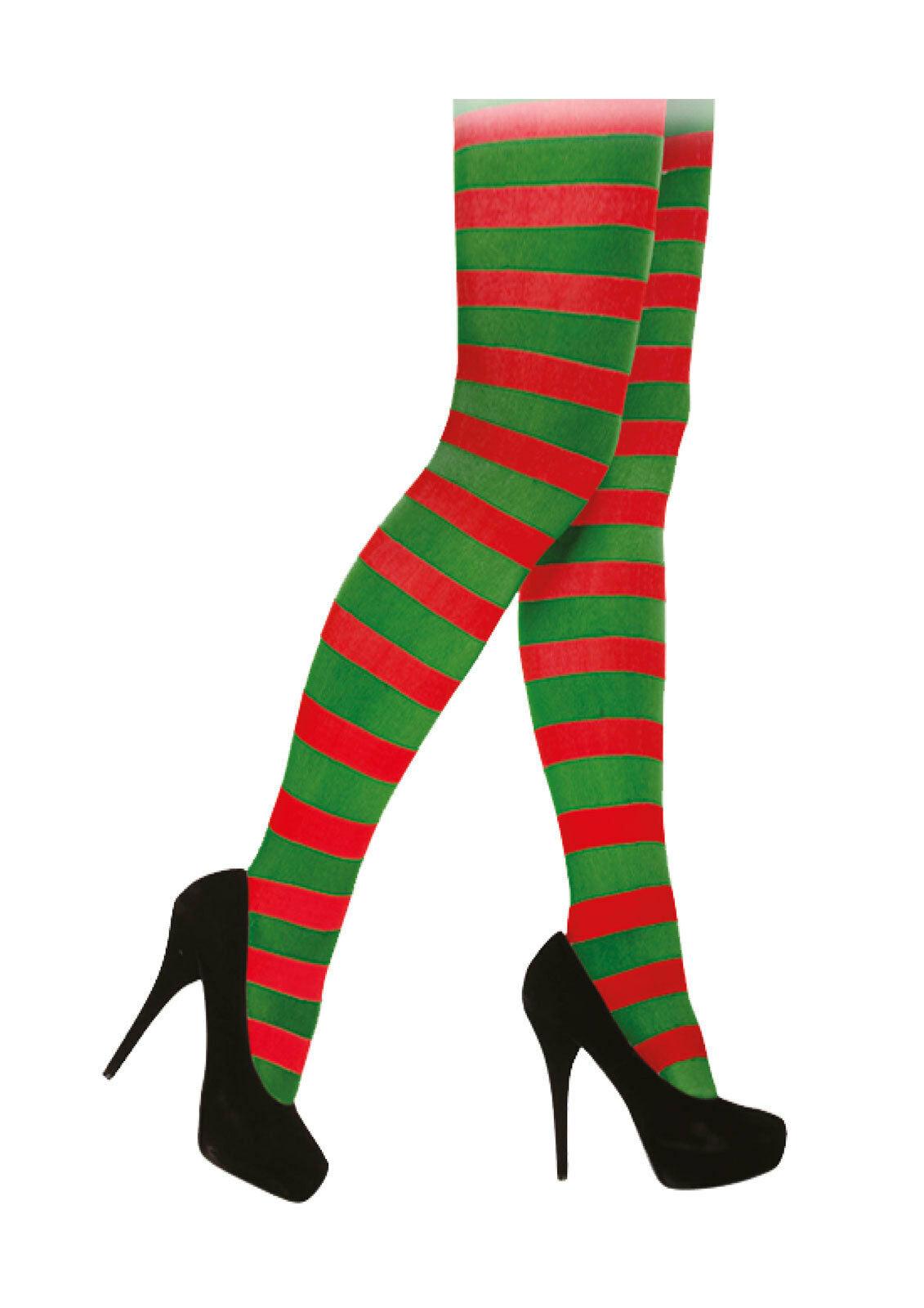 Christmas Elf Red Green Striped Tights Stripy Ladies Festive Novelty Fun - Labreeze