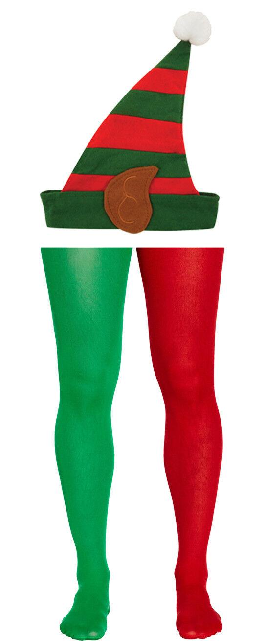 Christmas Elf Santa Helper Red Green Tights Hat W/Ears Fancy Dress Set - Labreeze