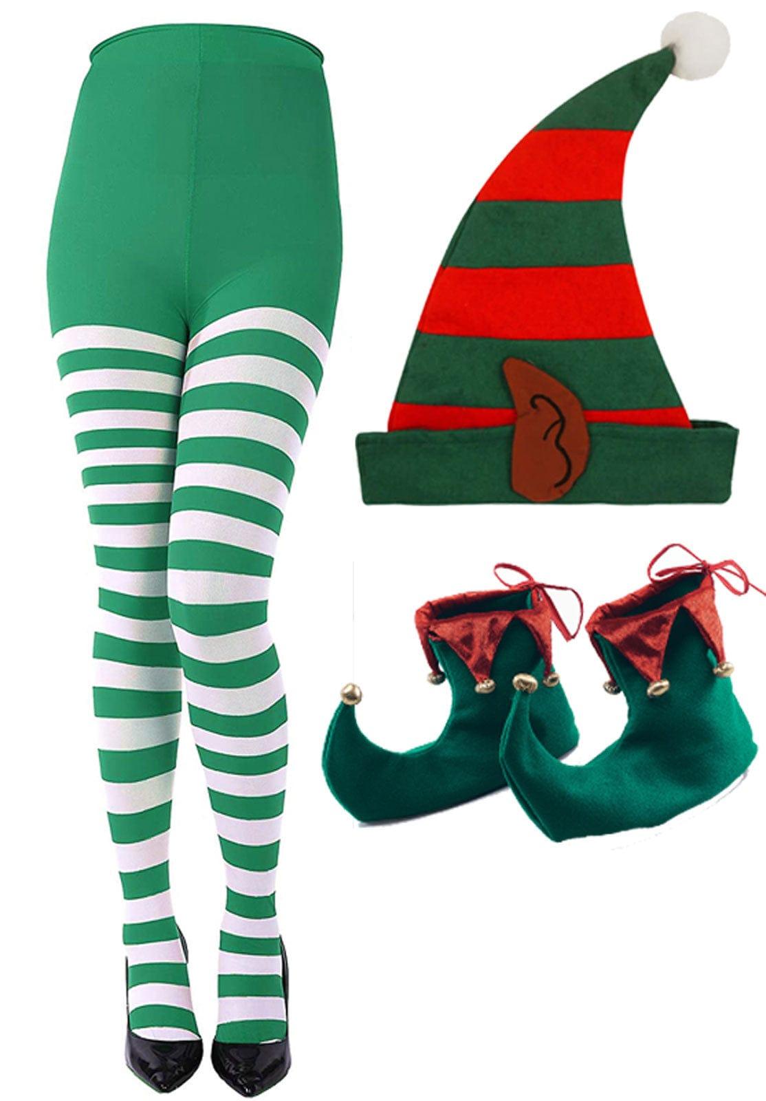 Christmas Green White Striped Tights Elf Hat Shoes Santa Helper Fancy Dress - Labreeze