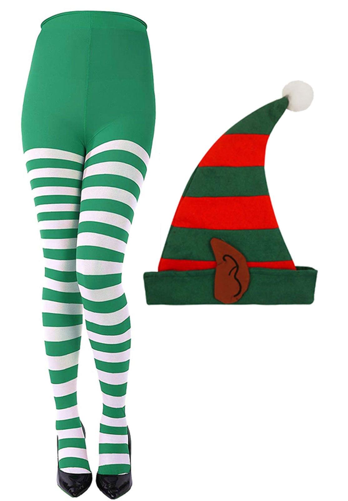 Christmas Green White Striped Tights Elf Hat W/Ears Xmas Party Fancy Dress - Labreeze