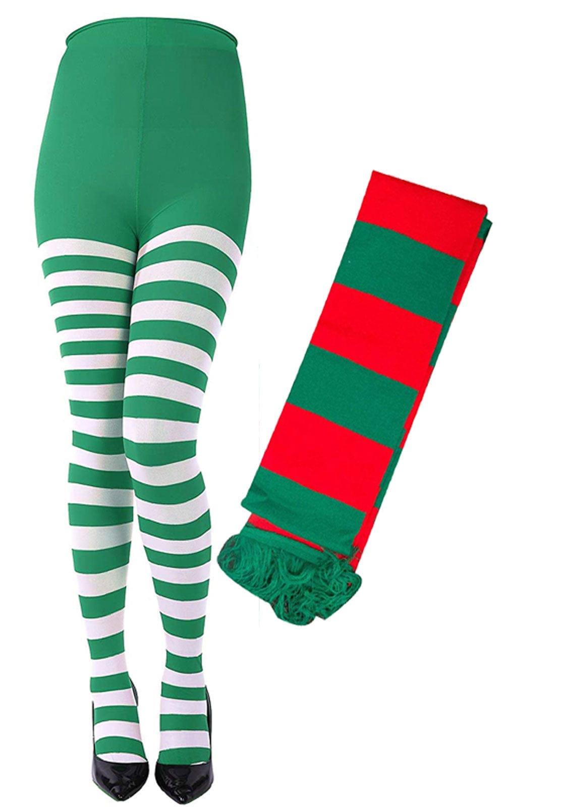 Christmas Green White Striped Tights Elf Scarf Santa Helper Xmas Fancy Dress - Labreeze