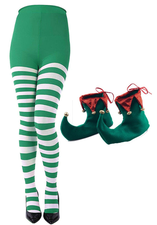 Christmas Green White Striped Tights Elf Shoes Santa Helper Xmas Fancy Dress - Labreeze