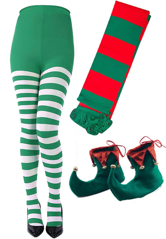 Christmas Green White Striped Tights Scarf Elf Shoes Santa Helper Xmas Fancy Dress - Labreeze