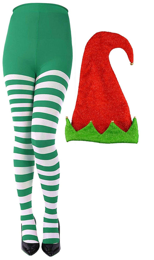 Christmas Green White Striped Tights Sparkly Elf Hat Santa Helper Xmas Fancy Dress - Labreeze