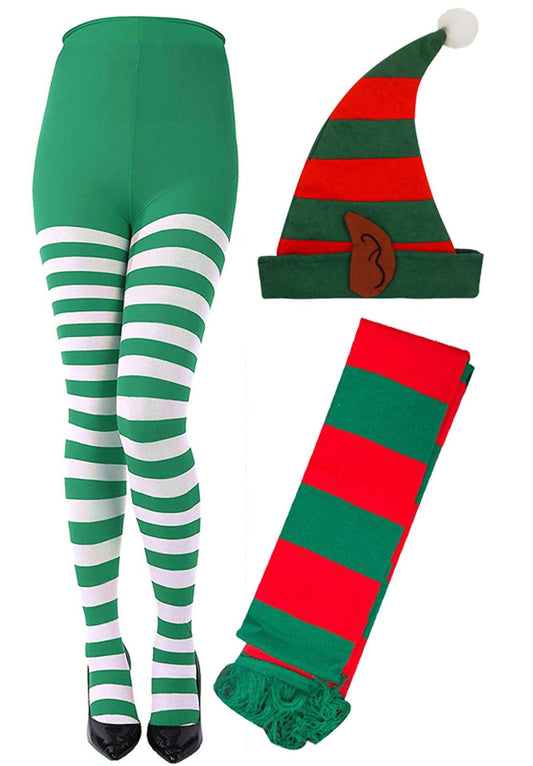 Christmas Green White Stripy Tights Elf Hat Scarf Santa Helper Xmas Fancy Dress - Labreeze