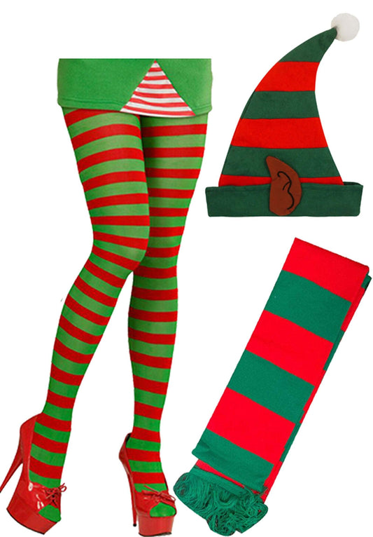Christmas Red Green Striped Tights Elf Hat W/Ears Scarf Xmas Fancy Dress - Labreeze