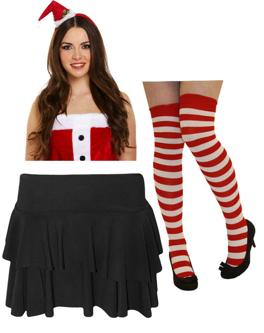 Christmas Red White Striped OTK Socks Santa Hat Headband Rara Skirt Fancy Dress - Labreeze