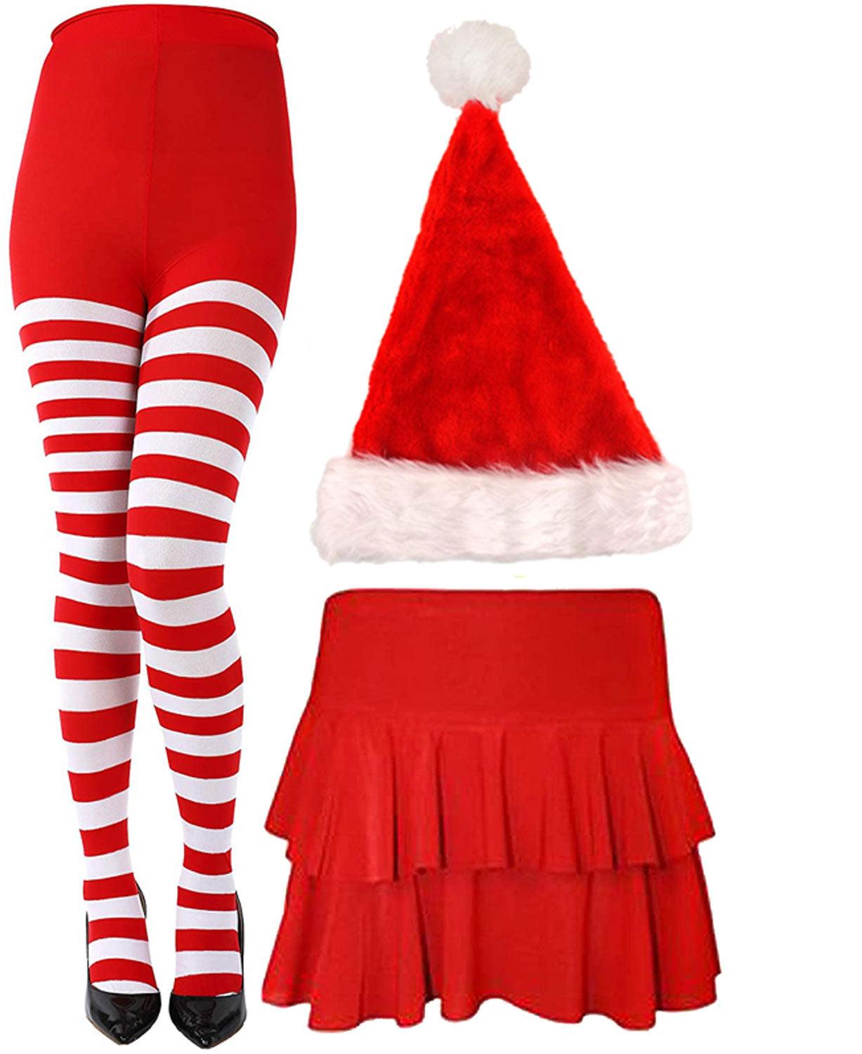 Christmas Red White Stripy Tights Rara Skirt Deluxe Santa Hat Xmas Fancy Dress - Labreeze