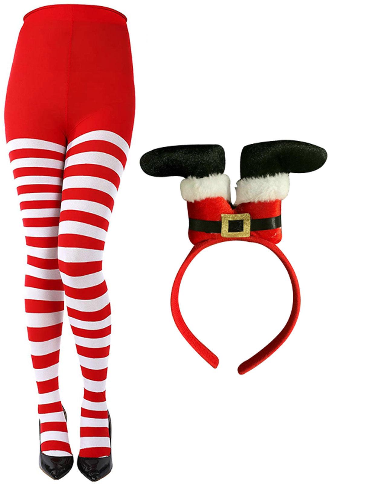 Christmas Red White Stripy Tights Santa Legs upside Down Aliceband Xmas Fancy Dress - Labreeze