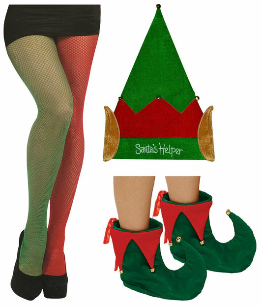Christmas Santa Helper Hat Fishnet Tights Shoe Cover Xmas Party Fancy Dress - Labreeze