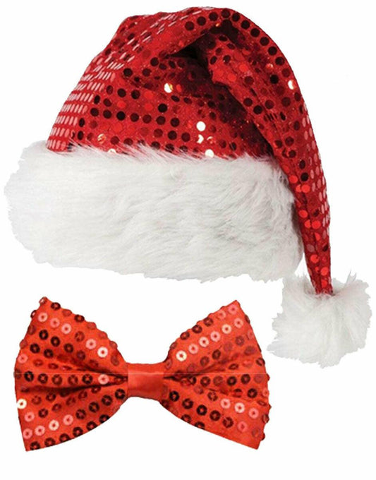 Christmas Sequin Santa Hat Red Dickie Bow Tie Xmas Festive Fancy Dress 2 Pc Set - Labreeze