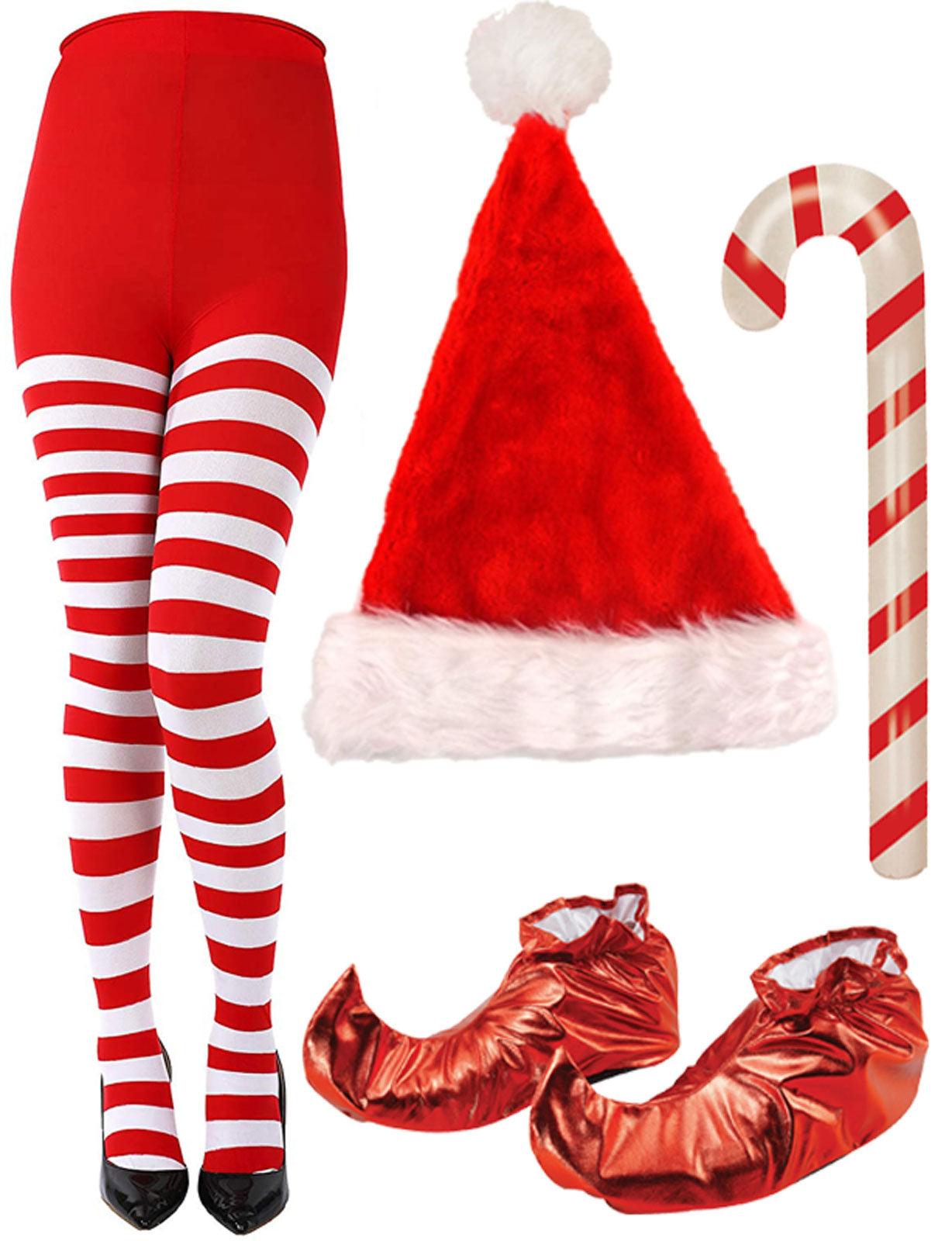 Christmas Striped Tights Candy Cane Shoes Santa Hat Red White Festive Fancy Dress - Labreeze