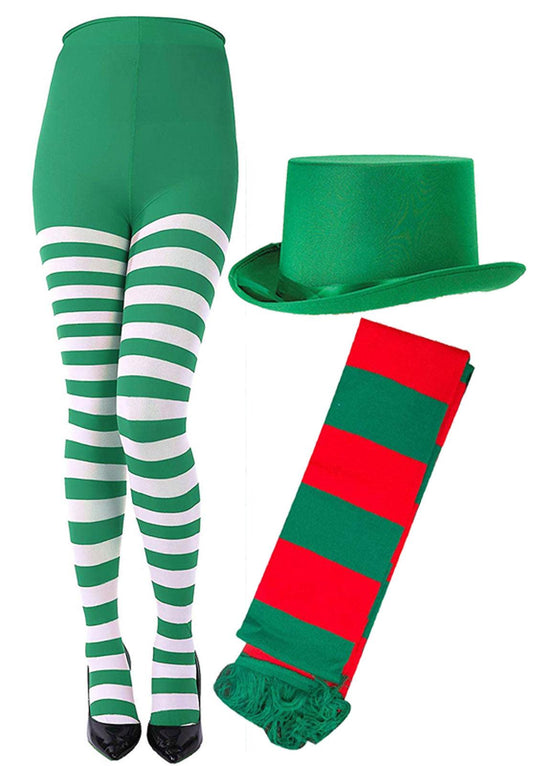 Christmas Striped Tights Elf Scarf Satin Top Hat Santa Helper Xmas Fancy Dress - Labreeze