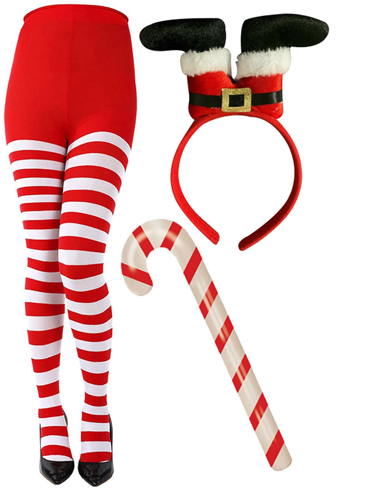 Christmas Stripy Tights Candy Cane Stick Santa Legs Aliceband Xmas Fancy Dress - Labreeze