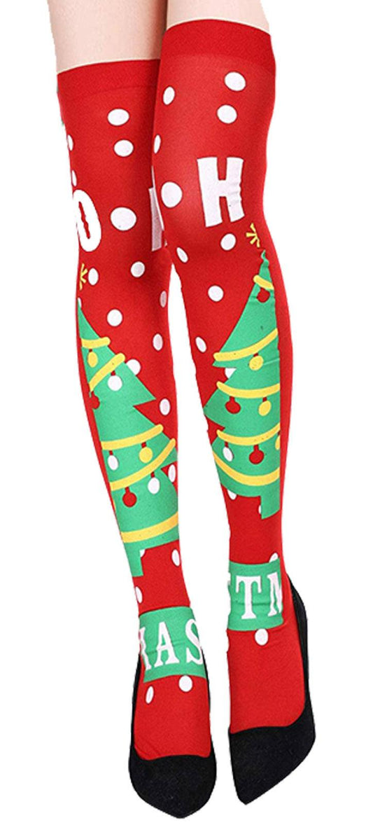 Christmas Tree Printed OTK Socks Red Green Xmas Festive Party Fancy Dress - Labreeze