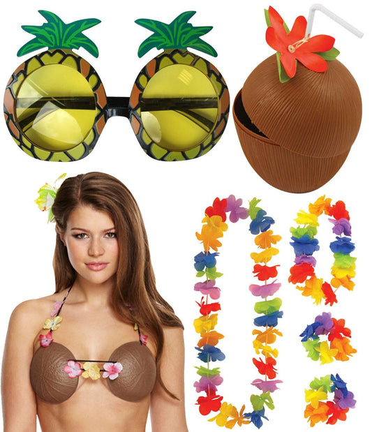 Coconut Cup Hula Flower Lei Bra Pineapple Glasses Hawaiian Beach Party Set - Labreeze