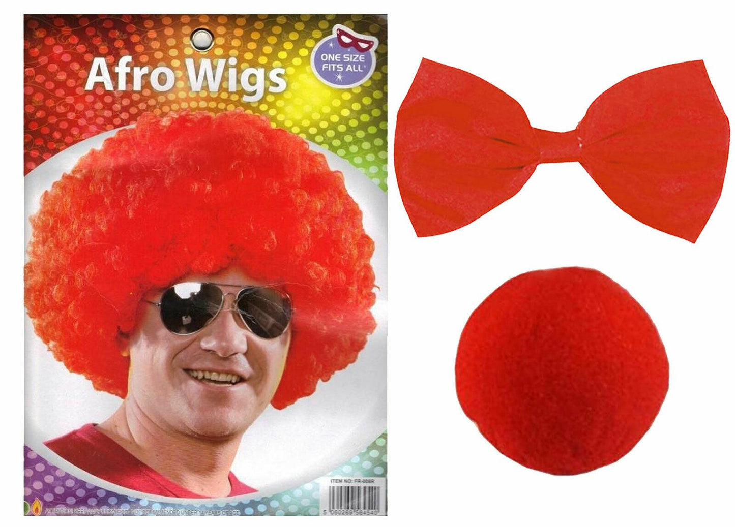 Comic Relief's Red Nose Day Afro Wig Bow Tie Sponge Clown Nose Fancy Dress Set - Labreeze