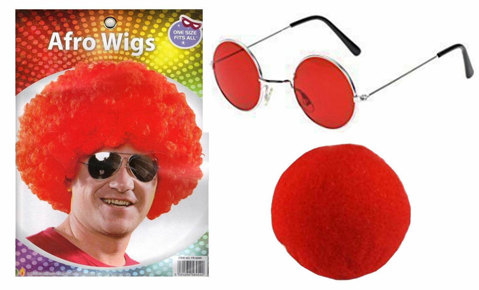 Comic Relief's Red Nose Day Afro Wig Round Glasses Sponge Nose Fancy Dress Set - Labreeze