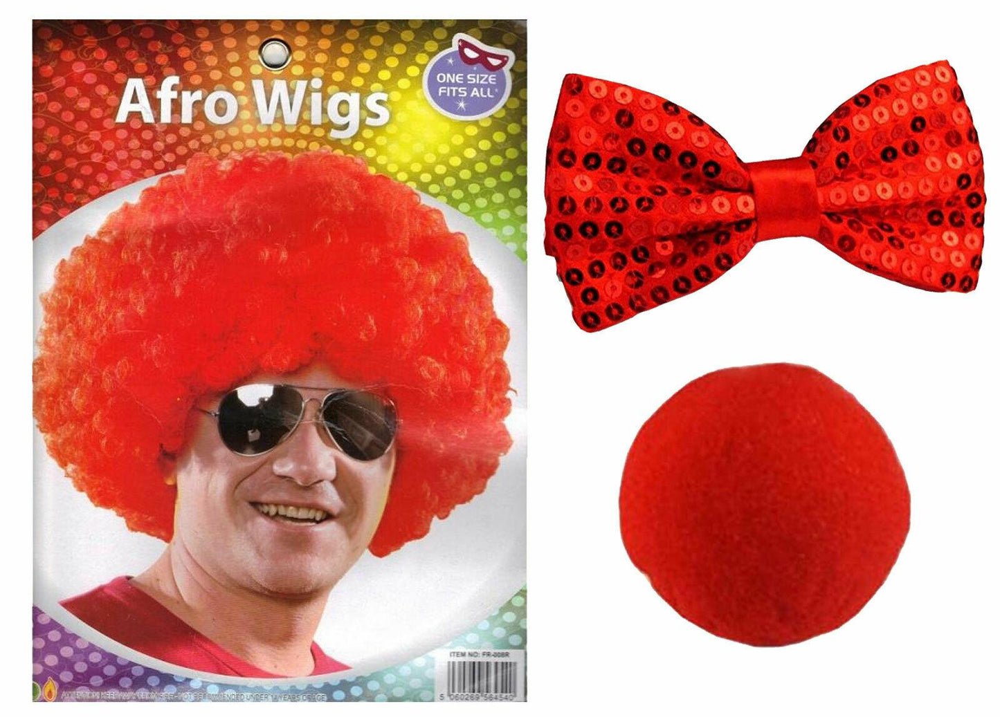 Comic Relief's Red Nose Day Afro Wig Sequin Bow Tie Sponge Nose 3 Pcs Party Set - Labreeze
