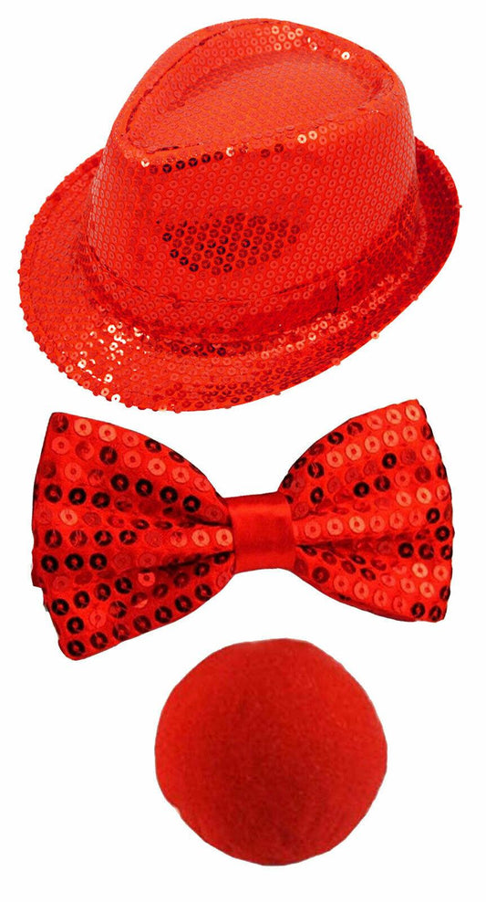 Comic Relief's Red Nose Day Sequin Trilby Hat Bow Tie Sponge Nose 3 Pc Party Set - Labreeze