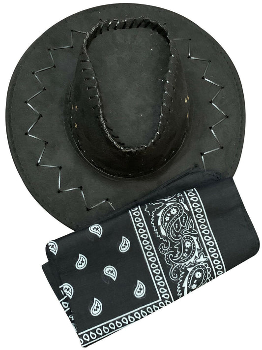 Cowboy Black Suede Look Western Hat Paisley Bandana Wild West Fancy Dress Set - Labreeze