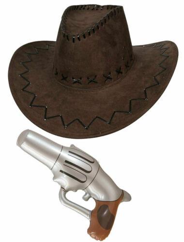 Cowboy Brown Suede Look Western Hat Inflatable Gun Fancy Dress 2 Pc Set - Labreeze