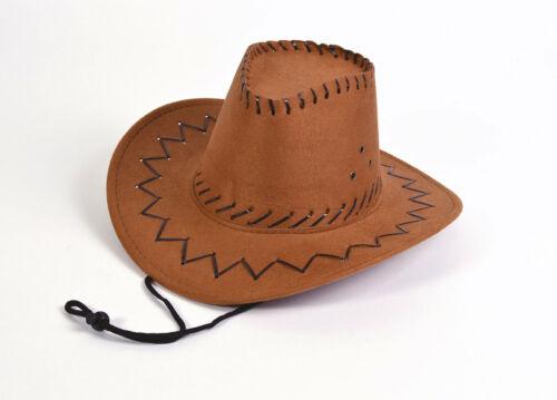 Cowboy Hat Leather Stitch Kids Brown Wild West Suede Look Fancy Dress - Labreeze