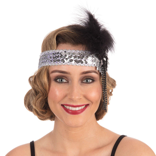 Deluxe Flapper Headband Silver Sequin Band - Labreeze
