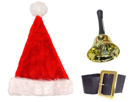 Deluxe Plush Santa Hat Adults Chunky Buckle Belt Jingle Bell Xmas Fancy Dress - Labreeze