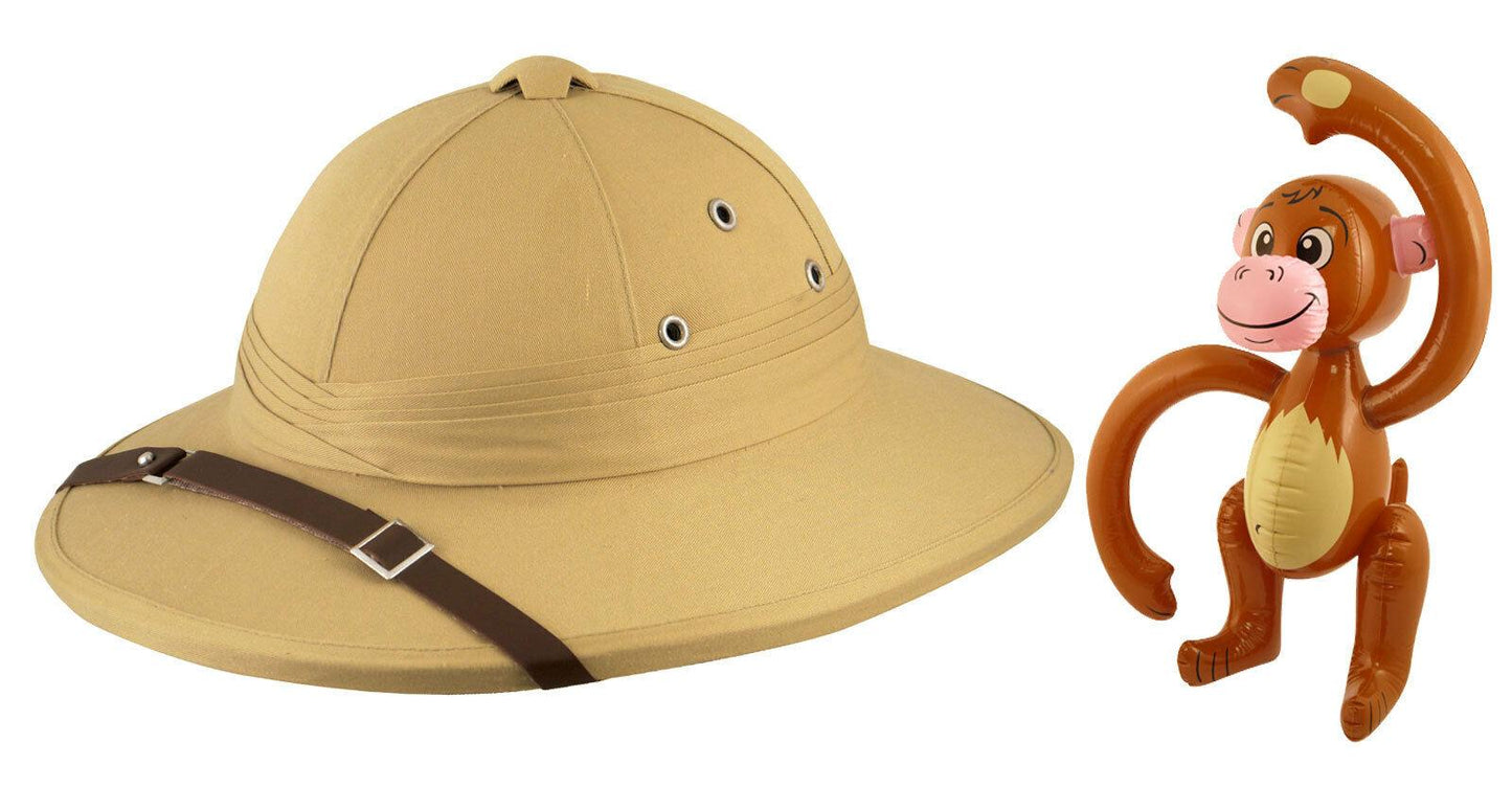Deluxe Safari Pith Hat with Inflatable Monkey Jungle Theme Fancy Dress Set - Labreeze