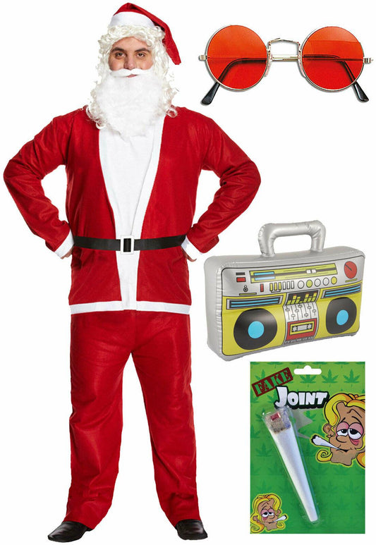 Deluxe Santa Suit Boom Box Fake Spliff Lennon Glasses Christmas Xmas Fancy Dress - Labreeze